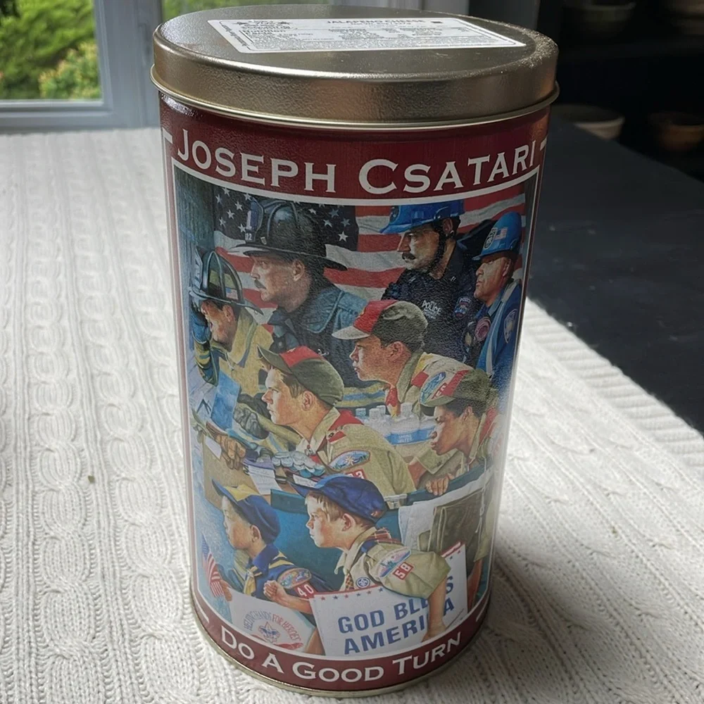 Boy Scouts Popcorn tin with lid. Joseph Csatari God Bless America Do a Good Turn